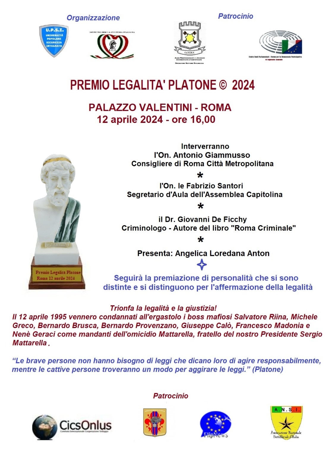 Premio Legalità Platone 2024 il 12 aprile alle 16,00 a Palazzo Valentini a Roma