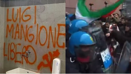 Cortei pro-palestina a Torino, scontri con la polizia al Politecnico e scritte “Mangione-free”