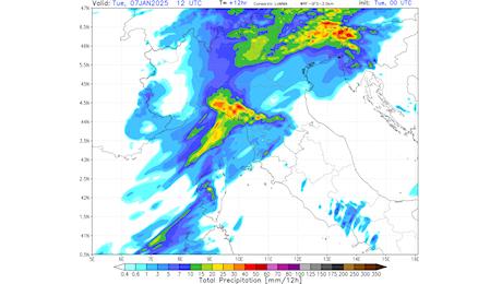 Previsioni 7-19 gennaio, pioggia intensa in pianura e neve dai 1200/1300 metri