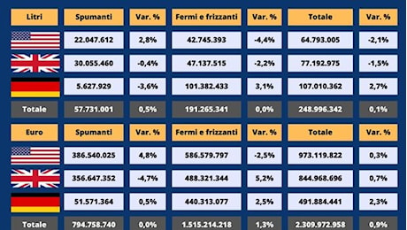 Vino, nel 1° semestre -4,3% nei carrelli di Usa, UK e Germania