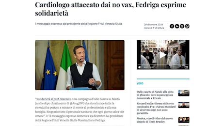 SOLIDARIETA' DI FEDRIGA SU IL PICCOLO AL CARDIOLOGO CHE HA TOLTO DALLE LISTE D'ATTESA IL NO VAX