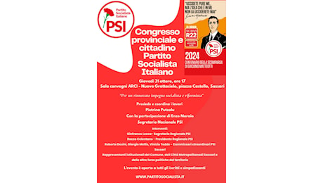 Giovedì il congresso provinciale e cittadino del Partito Socialista Italiano