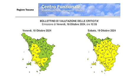 Codice giallo per rischio idrogeologico/idraulico dalla mezzanotte (ore 23.59) di venerdì 18 alla mezzanotte di sabato 19 ottobre